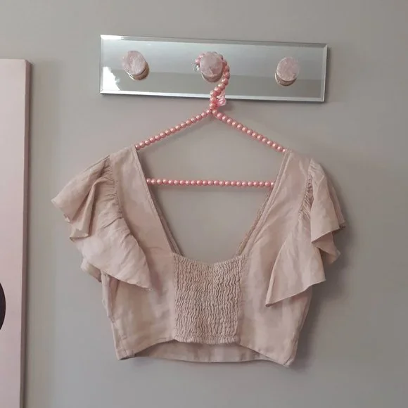 ☀️Zara nude linen plunge neckline crop top w/ floral mesh-like embroidery, M - Picture 9 of 11